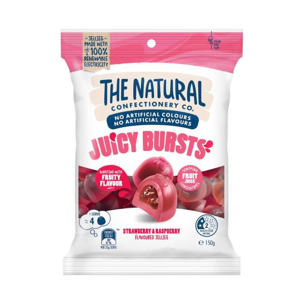 THE NATURAL CONFECTIONERY CO. JUICY BURSTS STRAWBERRY & RASPBERRY FLAVOURED LOLLIES 150G