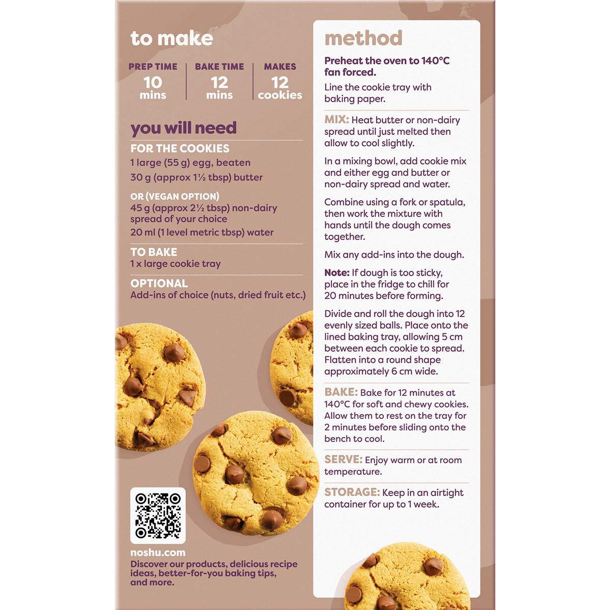 Noshu 98% Sugar Free Choc Chip Cookies Mix 300G