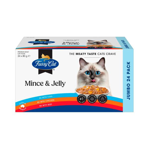 FUSSY CAT TWICE AS TASTY CAT FOOD MINCE & JELLY 24X80GRAM