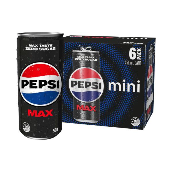 PEPSI MAX SOFT DRINK ZERO SUGAR MINI CANS 6 X 250ML