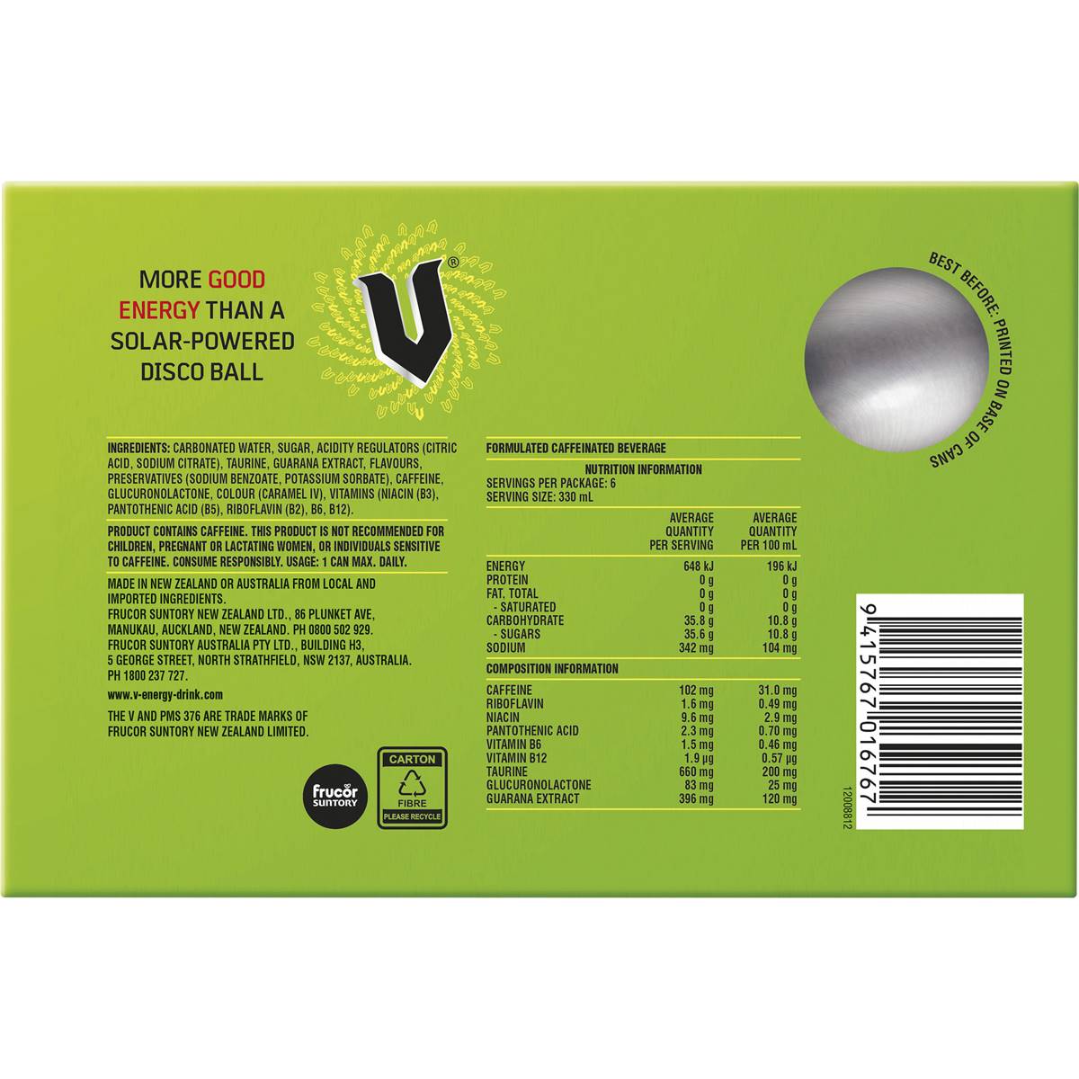 V Energy Green 330ml x6 Pack