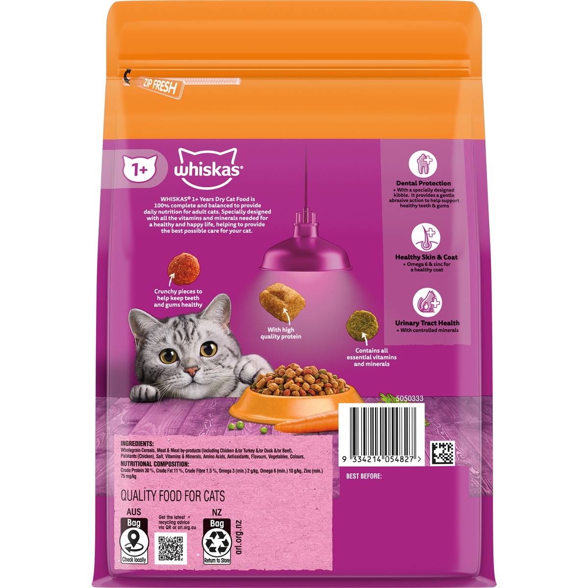 Whiskas Adult 1+ Years Dry Cat Food Chicken & Rabbit Flavours 800g