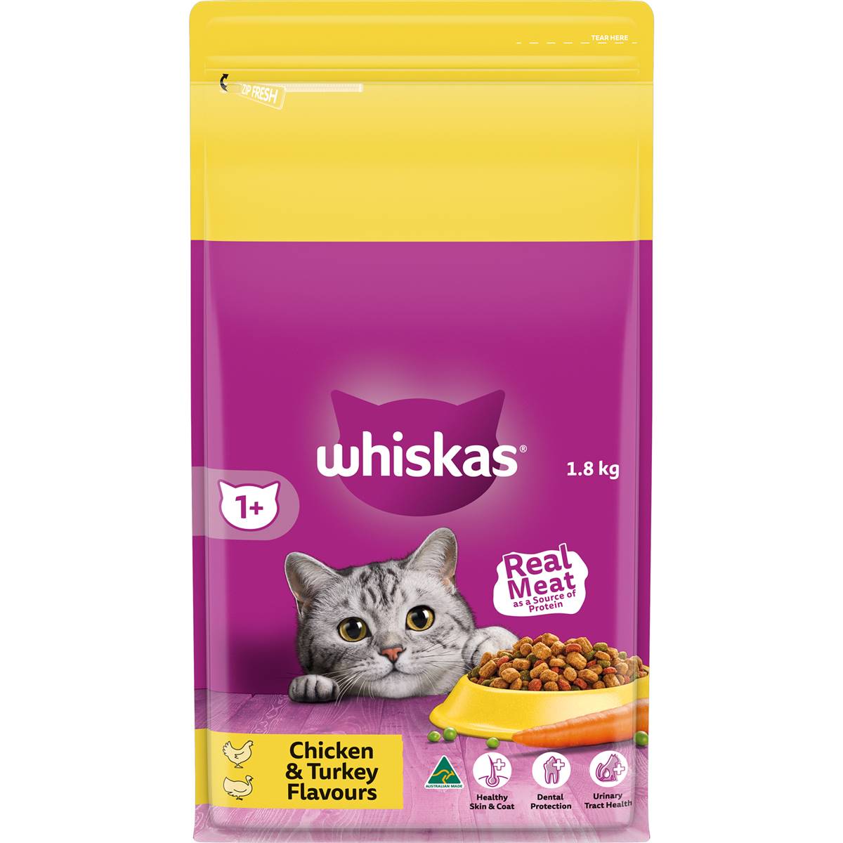 Whiskas Adult 1+ Years Dry Cat Food Chicken & Turkey Flavour 1.8kg