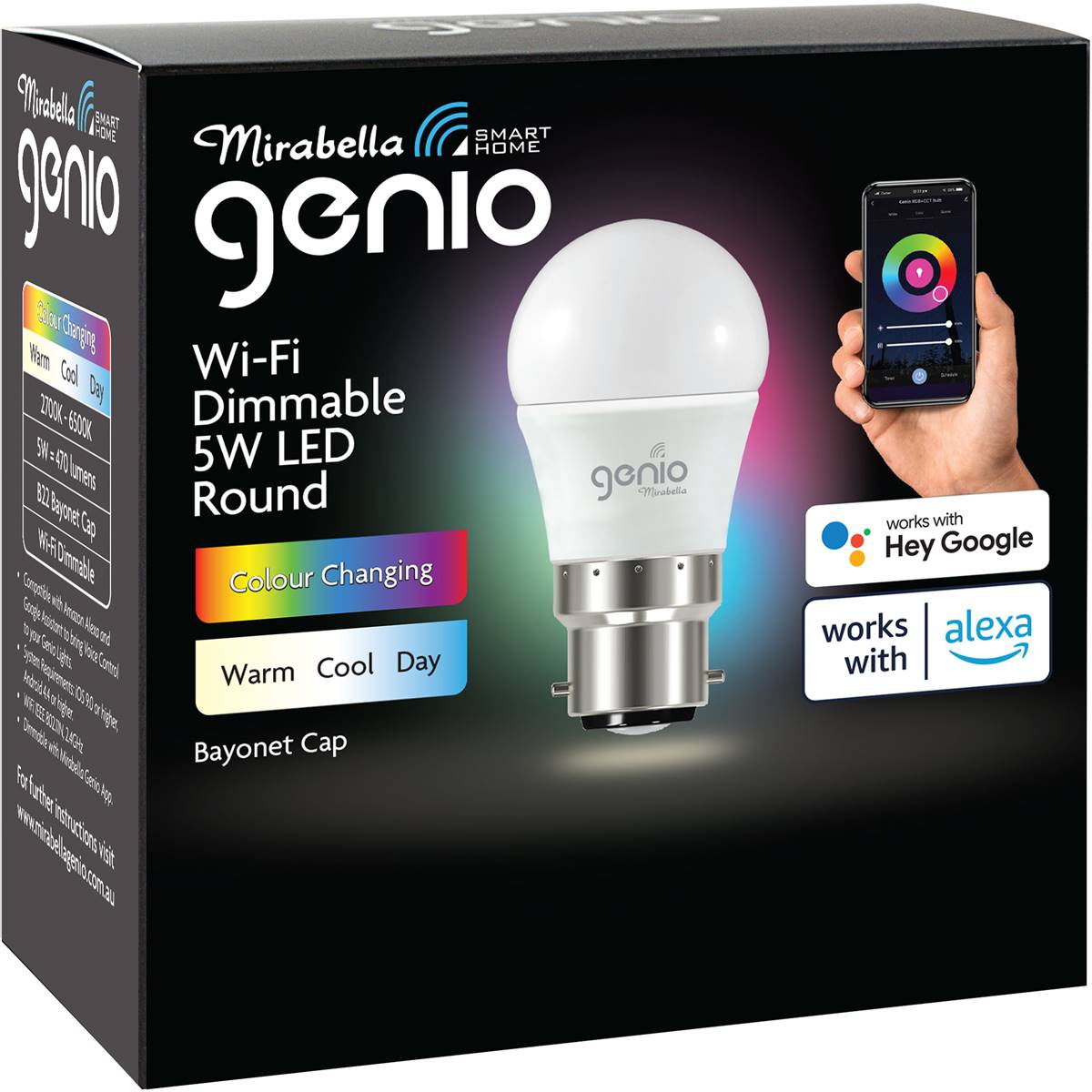 Mirabella Genio Wifi Dimmable 5w Led Round Bayonet Cap Each