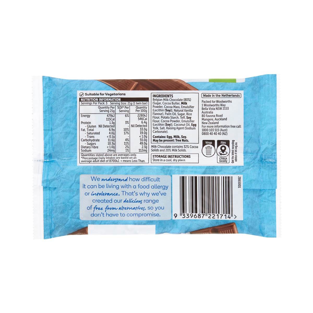 Woolworths Free From Gluten Choc Coated Wafer 63g