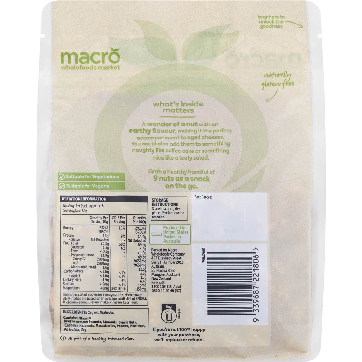 Macro Organic Natural Walnuts 250g