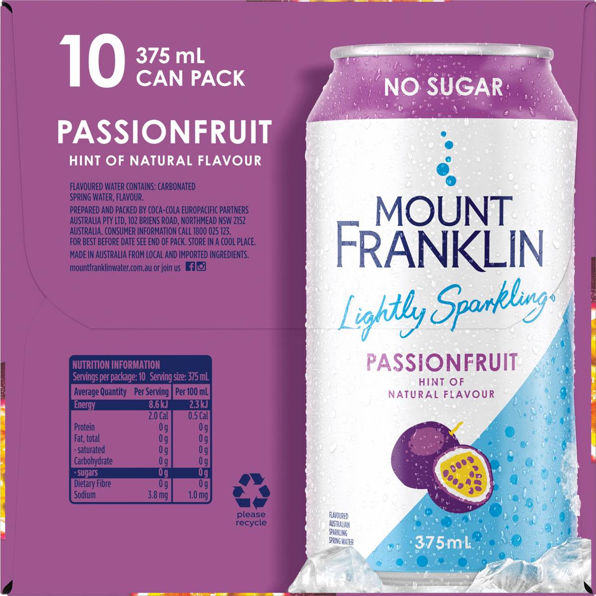 Mount Franklin Lightly Sparkling Water Pasionfruit Multipack Cans 375mL x 10 pack