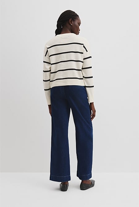 Organically Grown Cotton Linen Stripe Crew Neck Knit