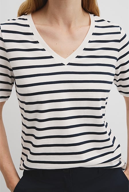 Australian Cotton Stripe Short Sleeve V-Neck Neck T-Shirt
