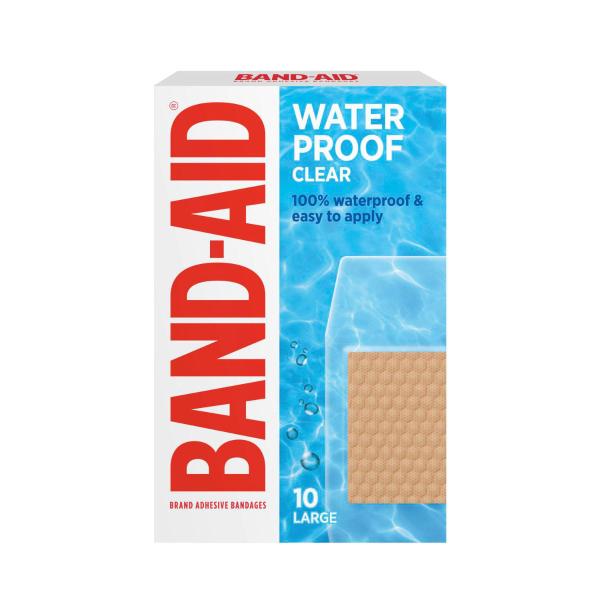 BAND AID WATERPROOF LARGE CLEAR STRIPS 10 PK