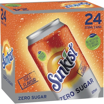 Sunkist Zero Sugar Orange Soft Drink Cans 375mL x 24 pack