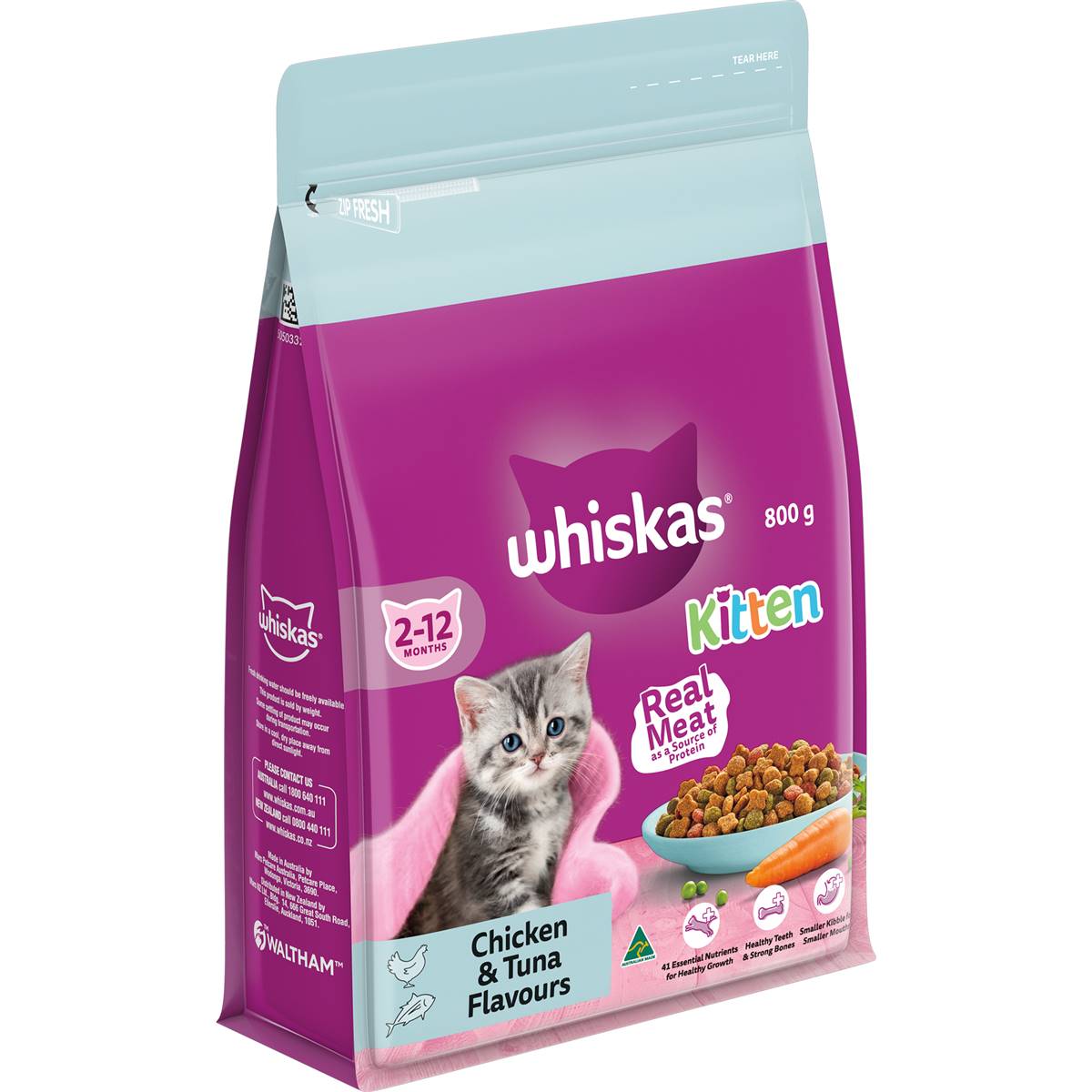 Whiskas Kitten 2-12 Months Dry Cat Food Chicken & Tuna Flavours 800g