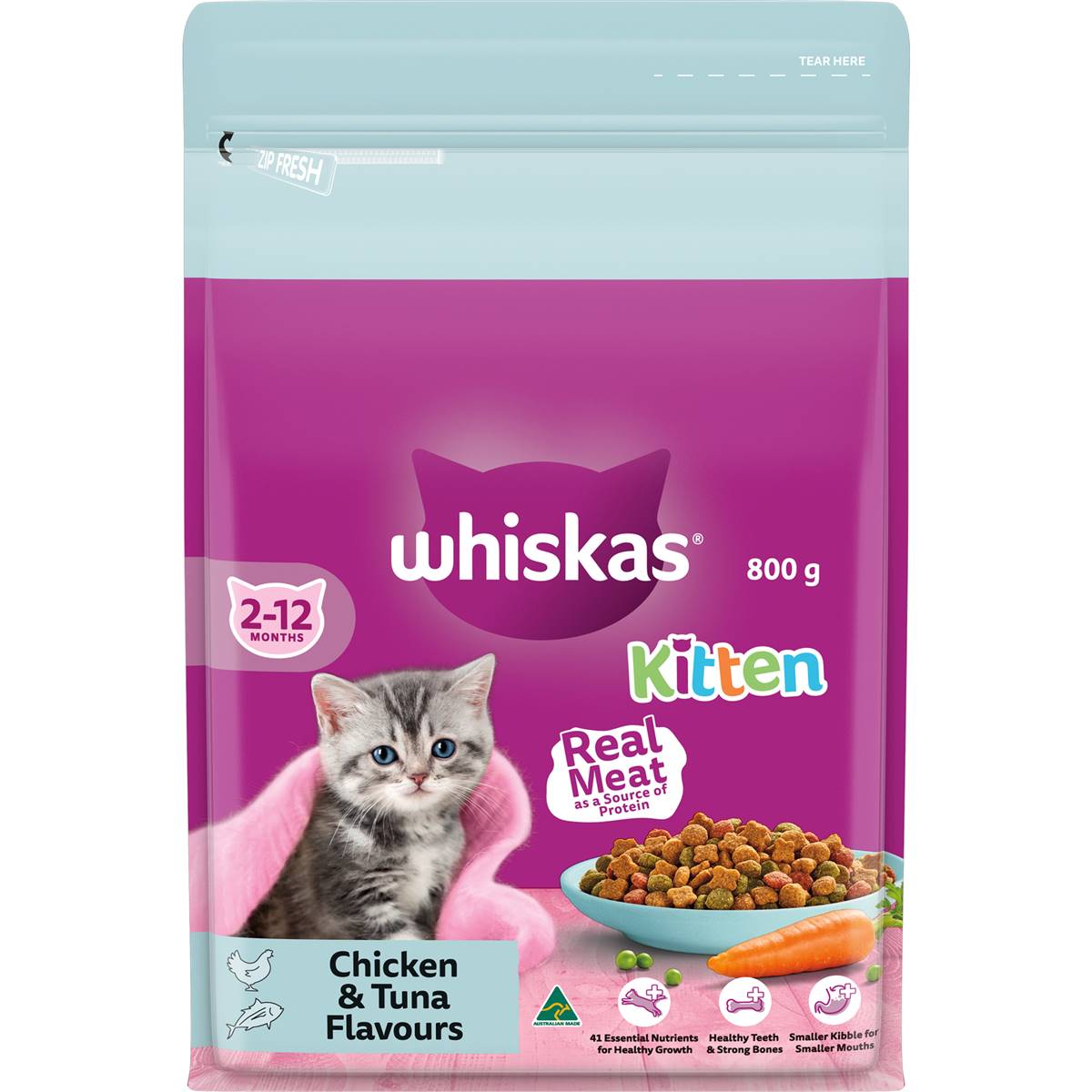 Whiskas Kitten 2-12 Months Dry Cat Food Chicken & Tuna Flavours 800g