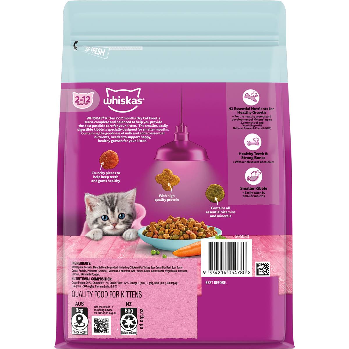 Whiskas Kitten 2-12 Months Dry Cat Food Chicken & Tuna Flavours 800g