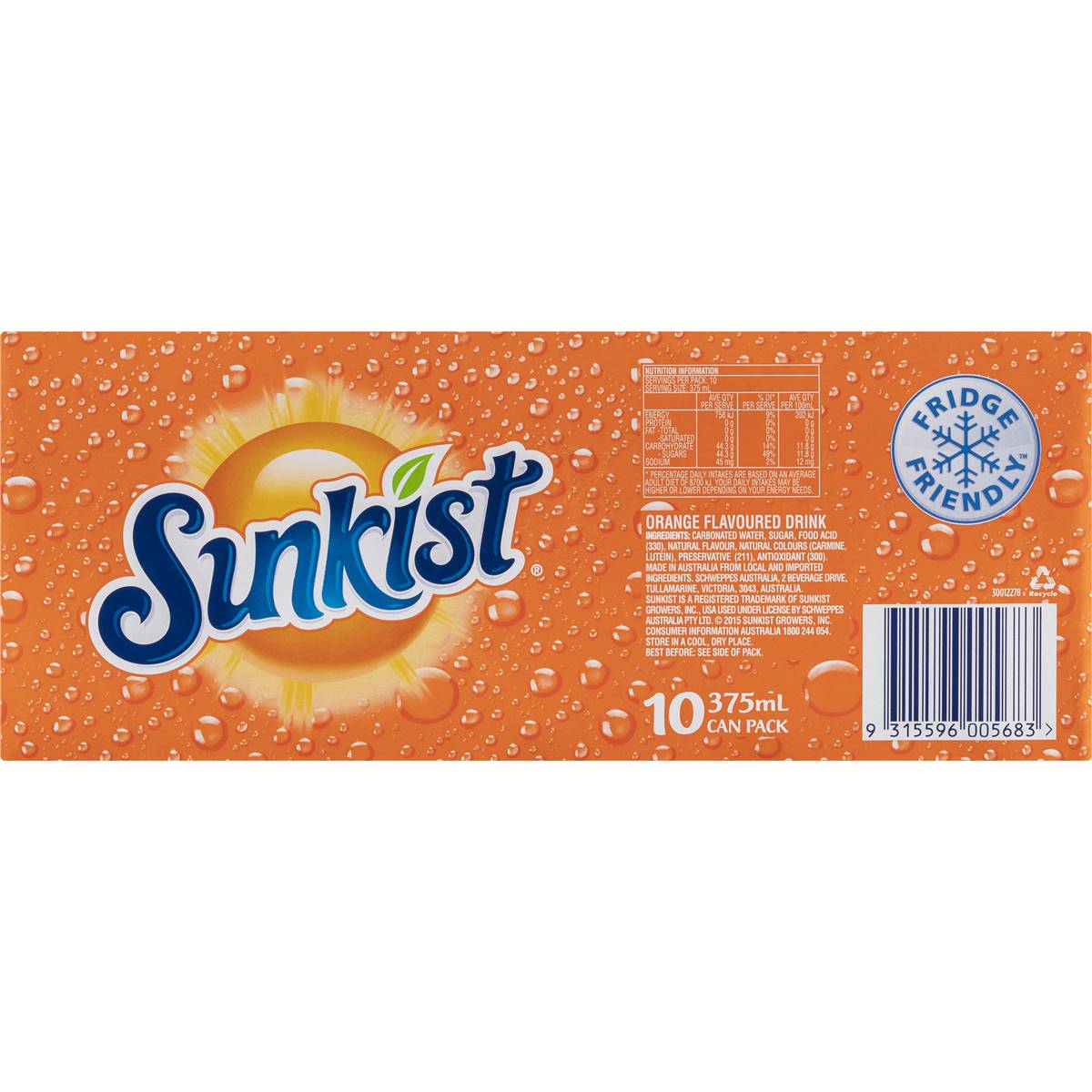 Sunkist Orange Soft Drink Cans Multipack 375ml x 10 Pack