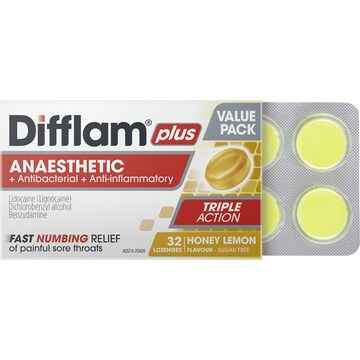 Difflam Plus Anaesthetic Sore Throat Lozenges Honey & Lemon 32 pack
