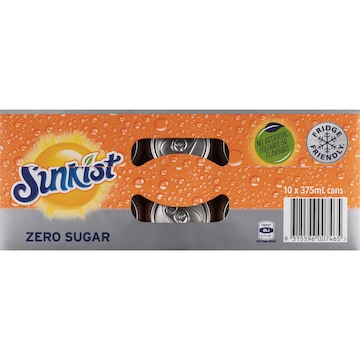 Sunkist Zero Sugar Orange Soft Drink Cans Multipack 375mL x 10 pack