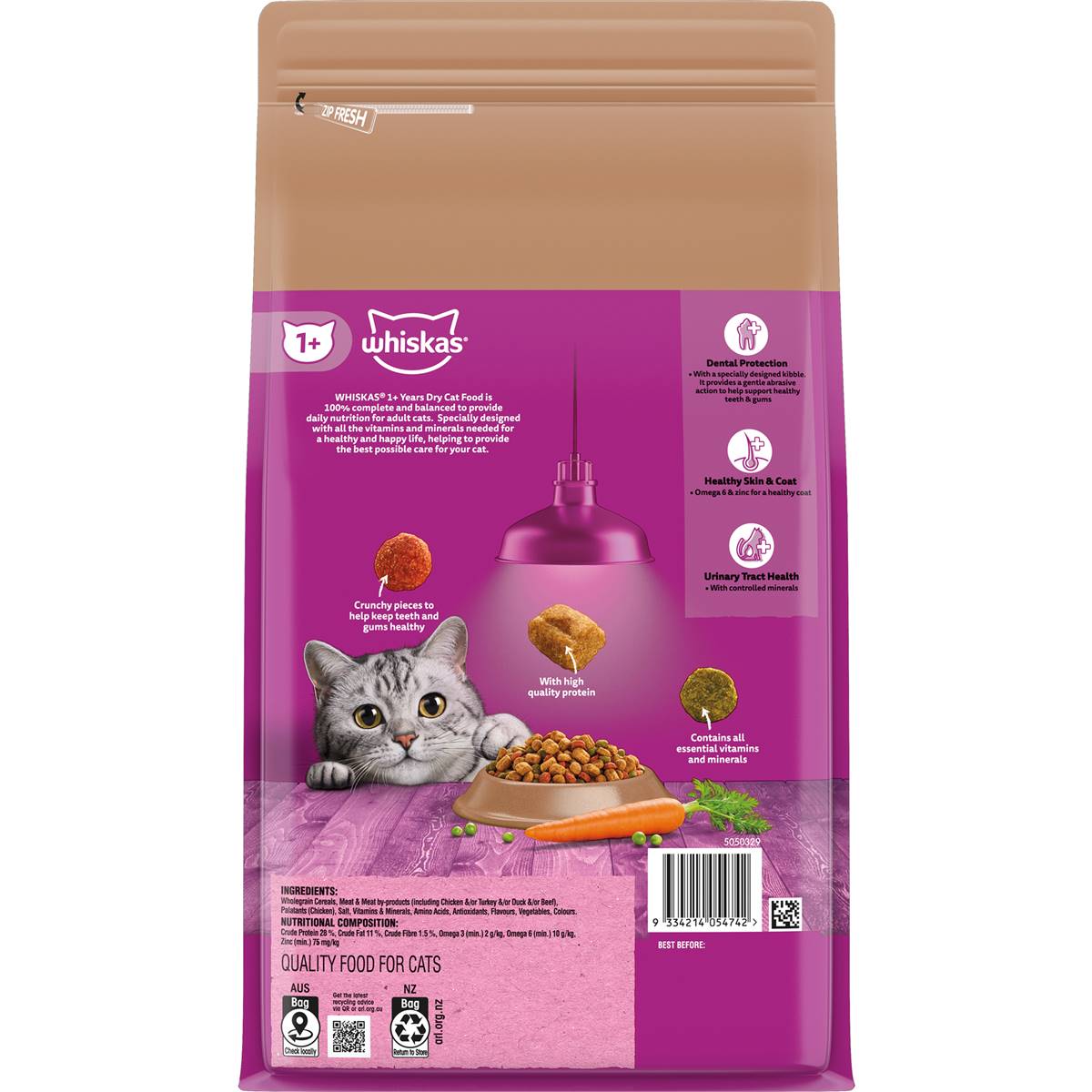 Whiskas Adult 1+ Years Dry Cat Food Beef & Lamb Flavours 1.8kg