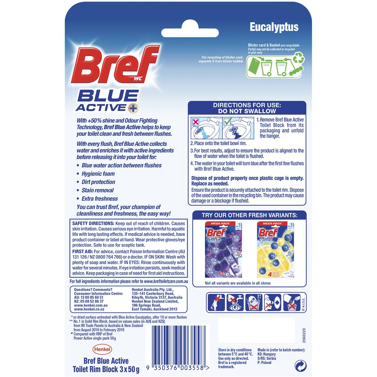 Bref Blue Active Eucalyptus Toilet Cleaner Block 50g x 3 pack