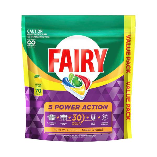 FAIRY 5 POWER ACTION LEMON DISHWASHING TABLETS 70 PACK