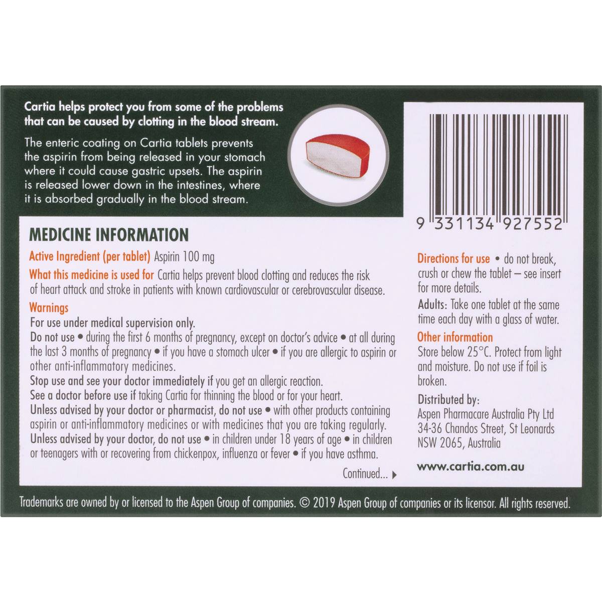 Cartia Low Dose Aspirin 100Mg Tablets 28 Pack