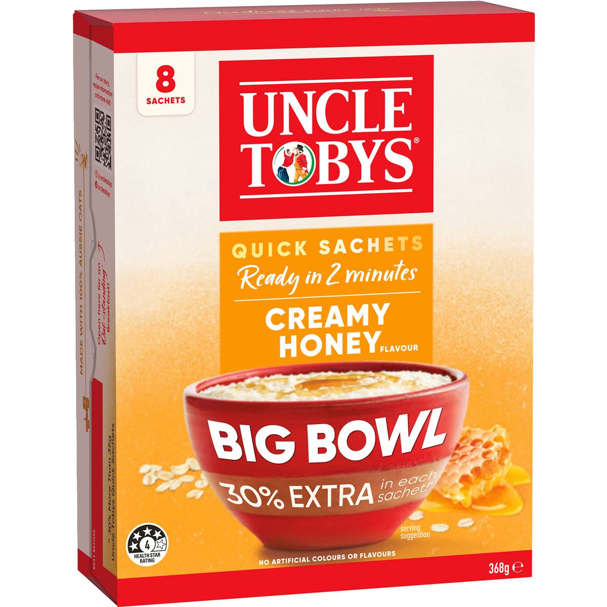 Uncle Tobys Oats Quick Sachets Big Bowl Creamy Honey Porridge 368g