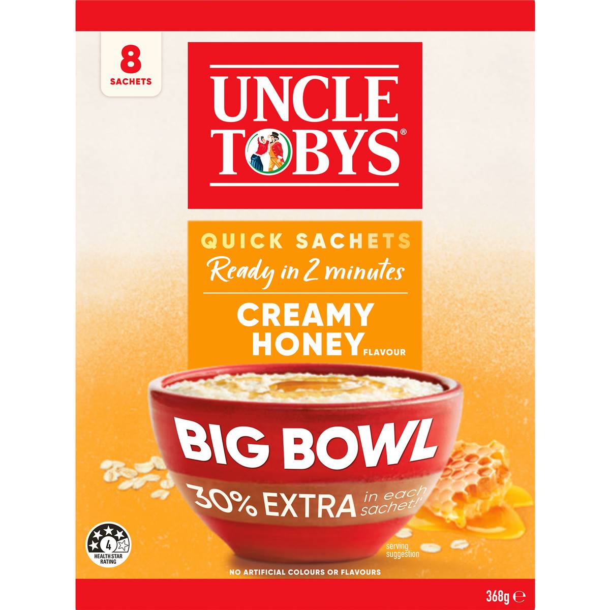 Uncle Tobys Oats Quick Sachets Big Bowl Creamy Honey Porridge 368g