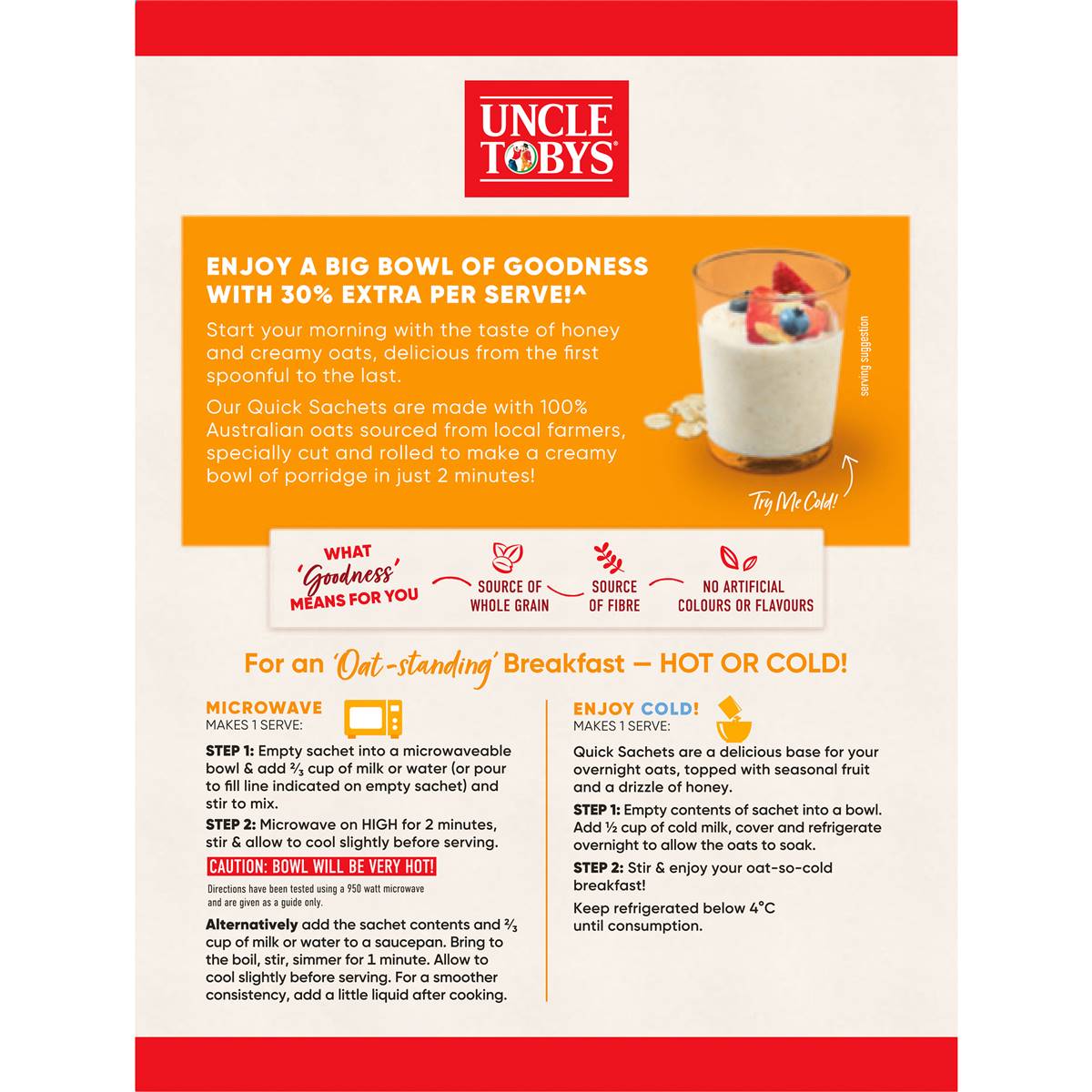 Uncle Tobys Oats Quick Sachets Big Bowl Creamy Honey Porridge 368g
