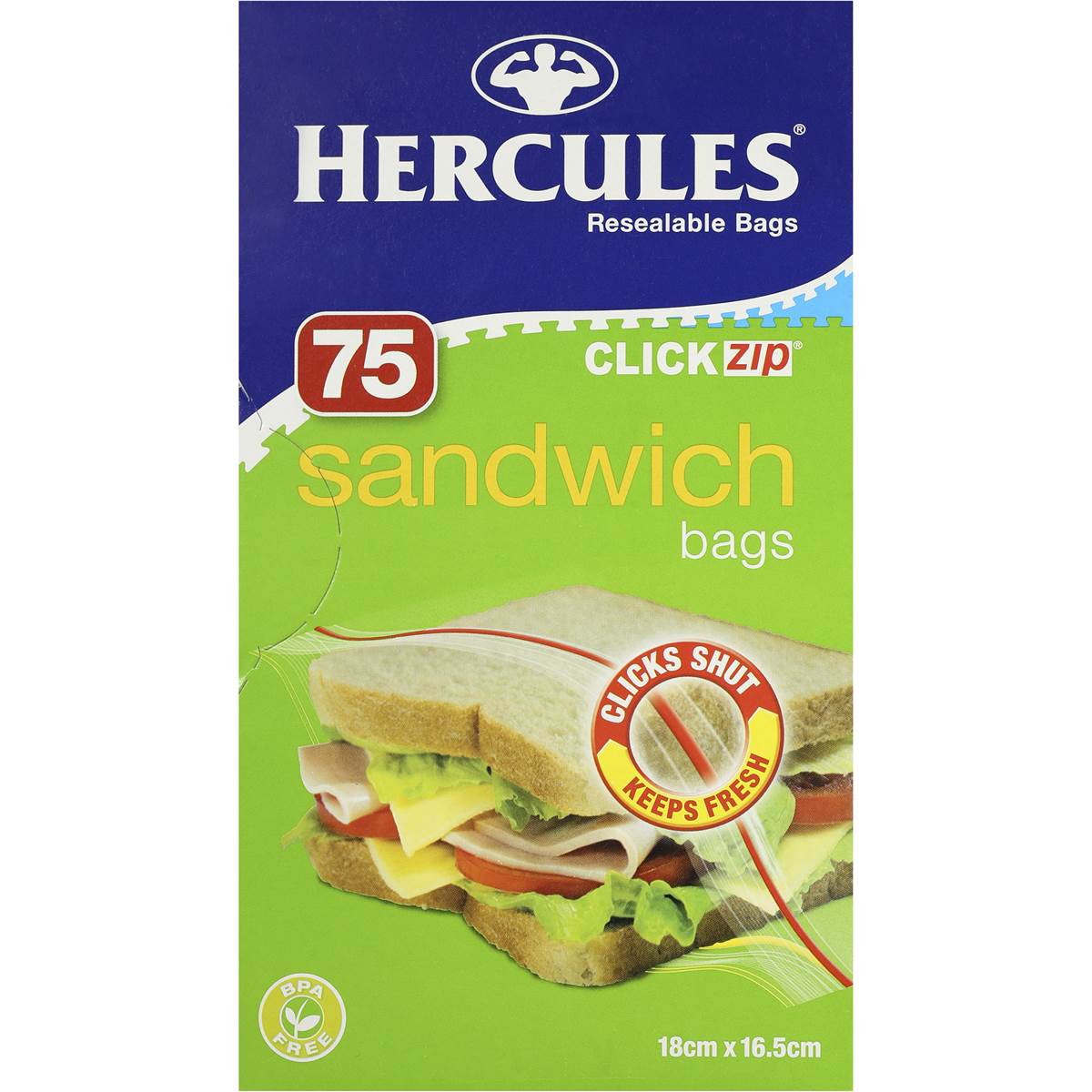 Hercules Click Zip Resealable Sandwich Bags 75 pack