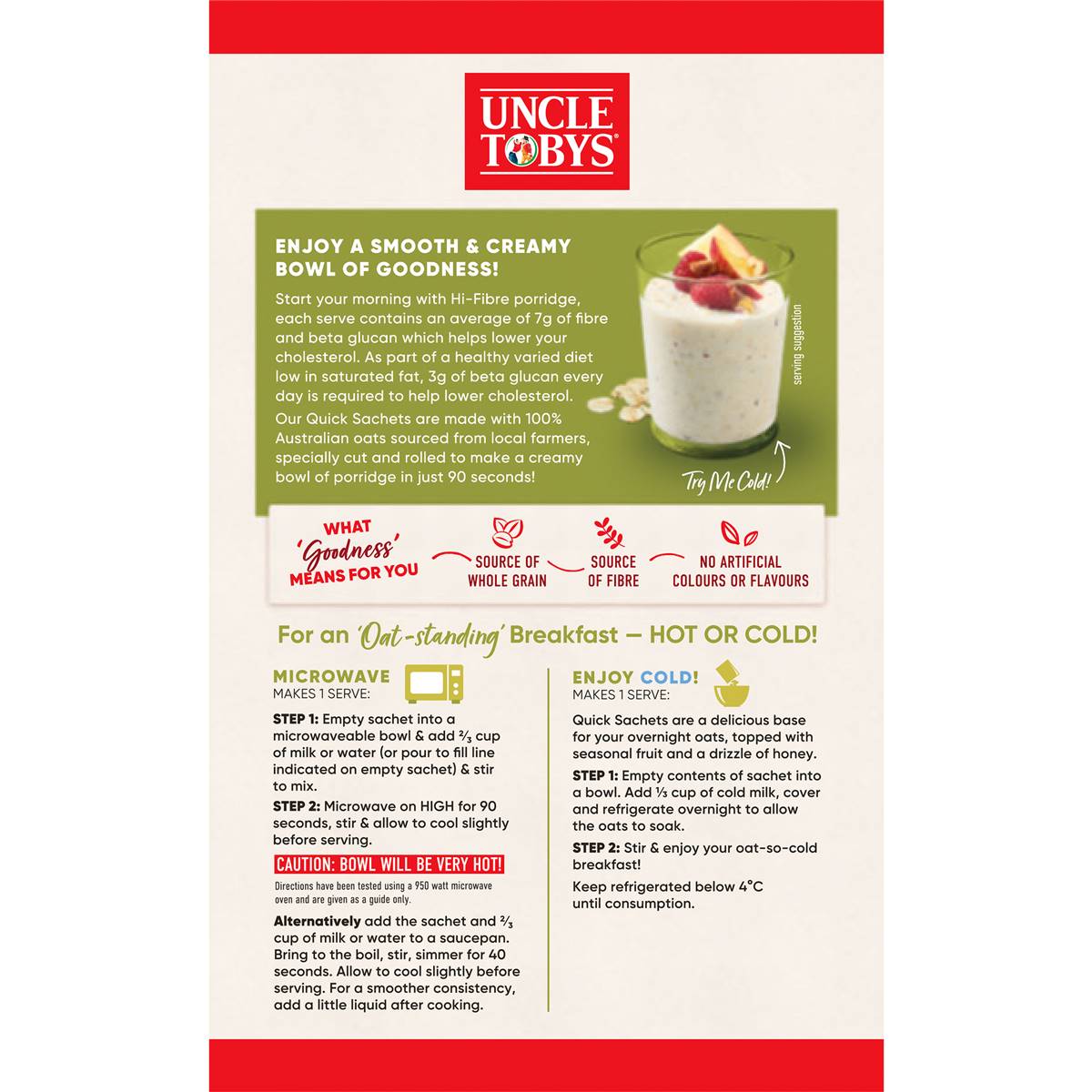 Uncle Tobys Oats Quick Sachets Hi-Fibre Porridge 320g