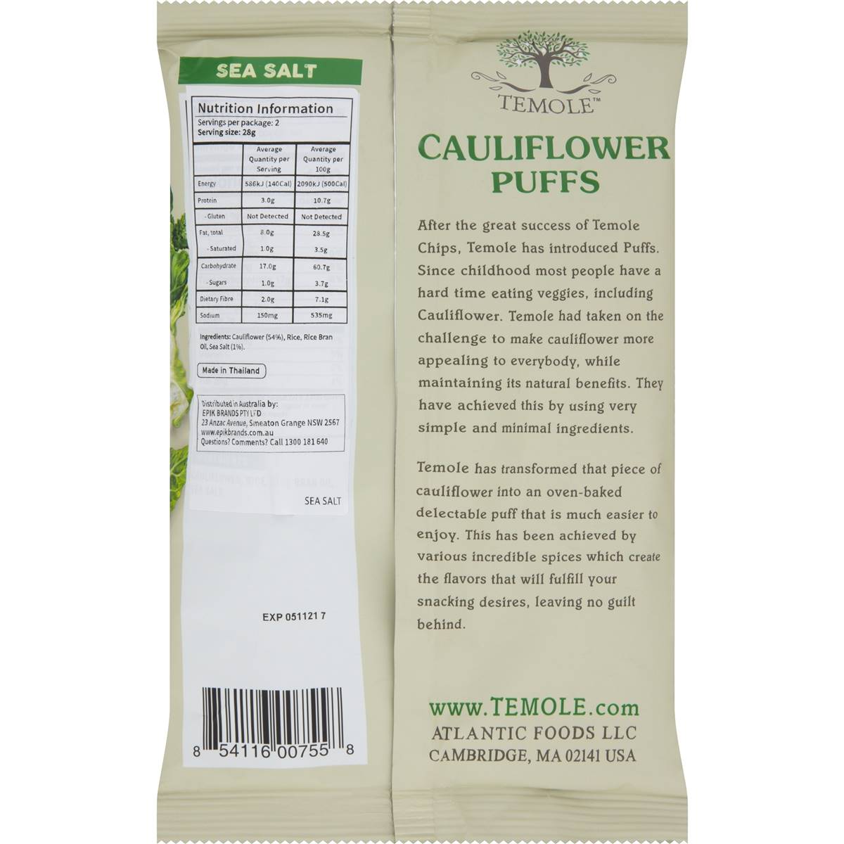 Temole Cauliflower Puffs Sea Salt 56g