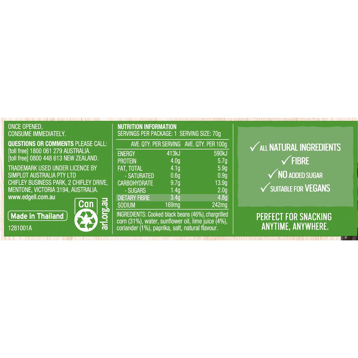 Edgell Snack Time Black Beans Charred Corn With Lime & Herbs 70g