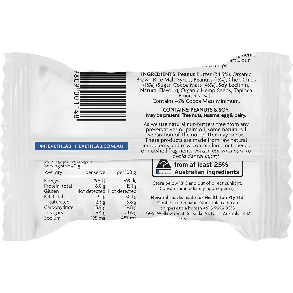 Health Lab Chewy Choc Chip Peanut Butter Protein Ball 40g