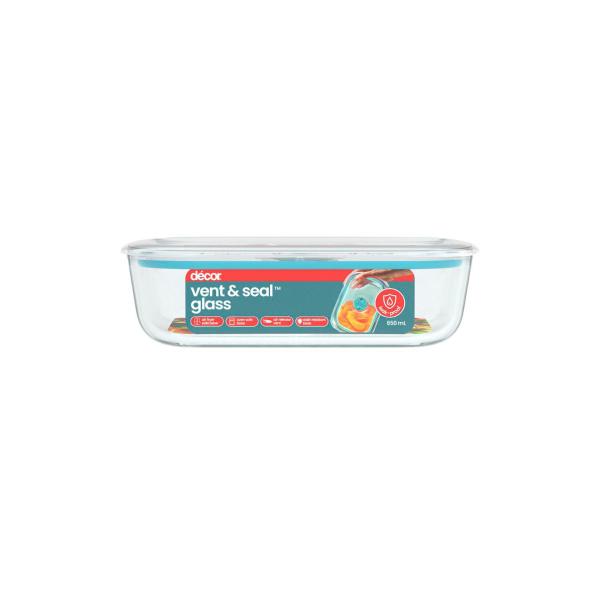 DECOR VENT & SEAL GLASS OBLONG SLIMLINE CONTAINER 650ML