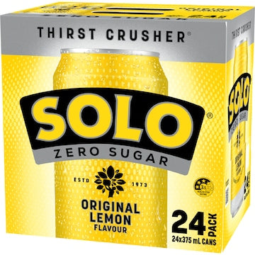 Solo Zero Sugar Original Lemon Soft Drink Cans Multipack 375mL x 24 pack