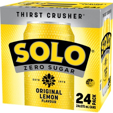Solo Zero Sugar Original Lemon Soft Drink Cans 375mL x 24 pack