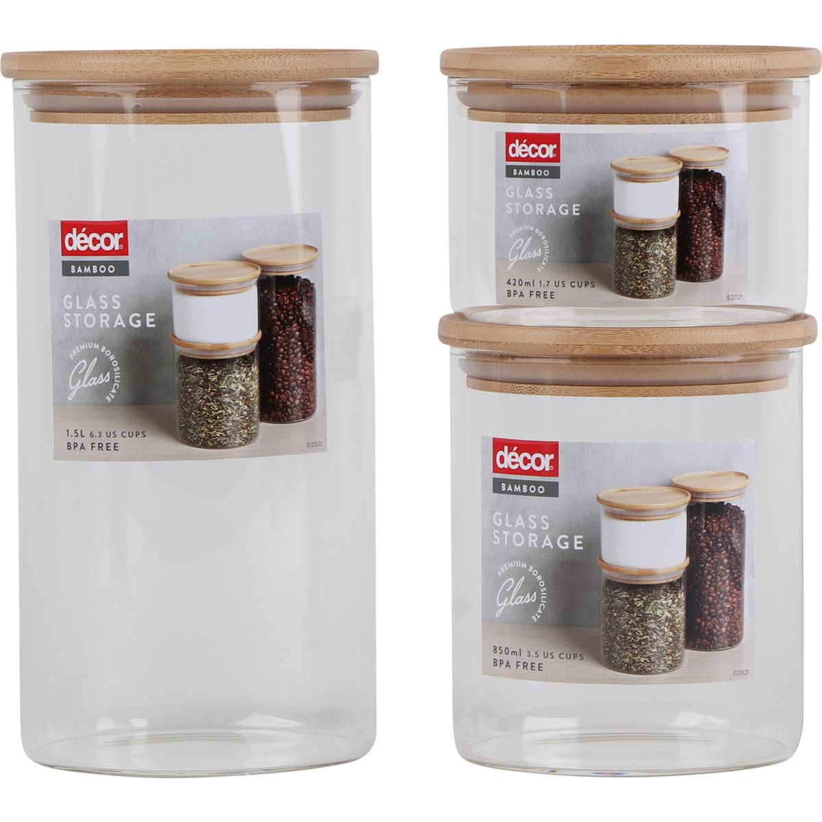 Decor Bamboo & Glass Canisters 420ml Each