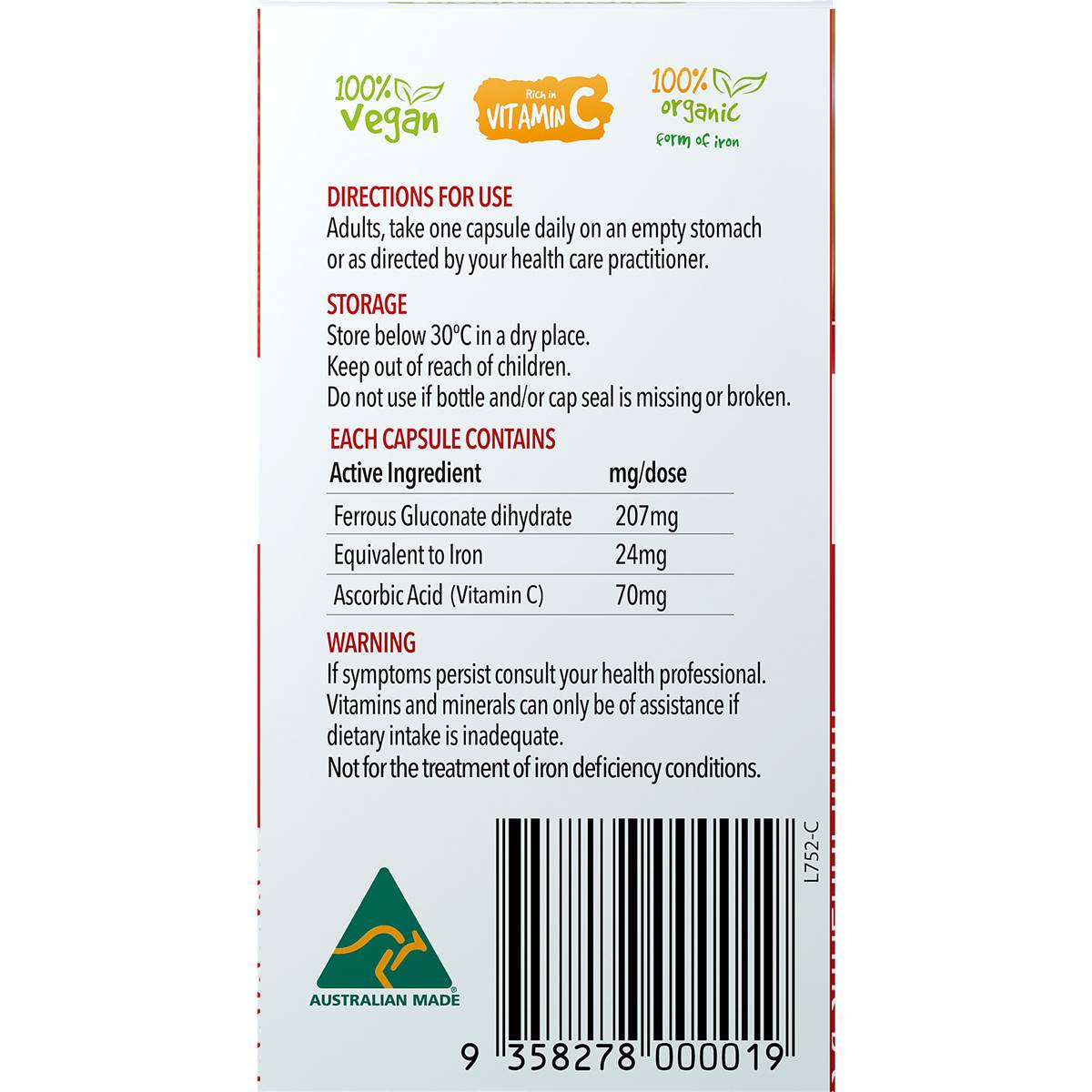 Vitaceuticals Iron Supplement Ferrous + c Hard Capsules 30 Pack