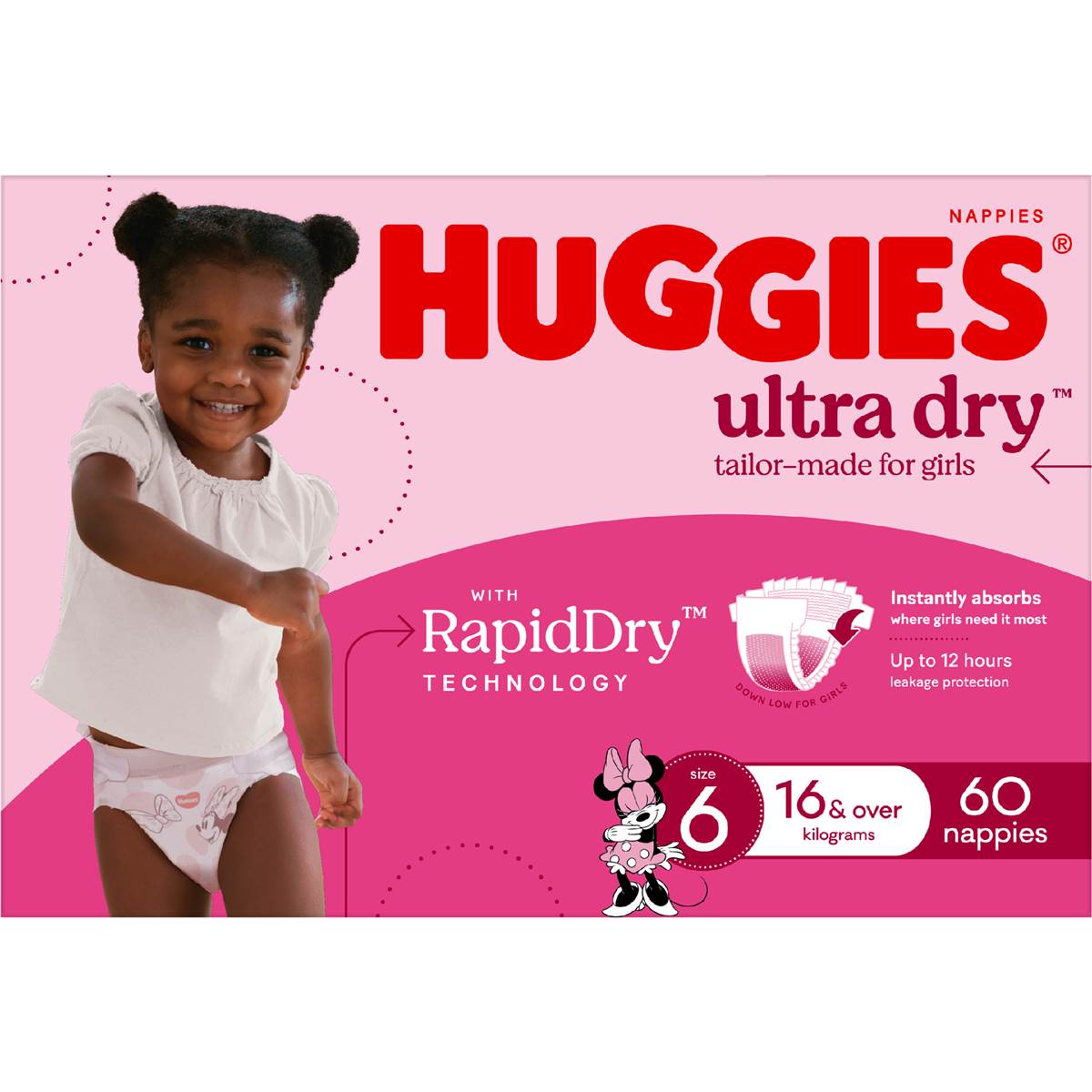 Huggies Ultra Dry Nappies Girls Size 6 (16kg+) 60 Pack