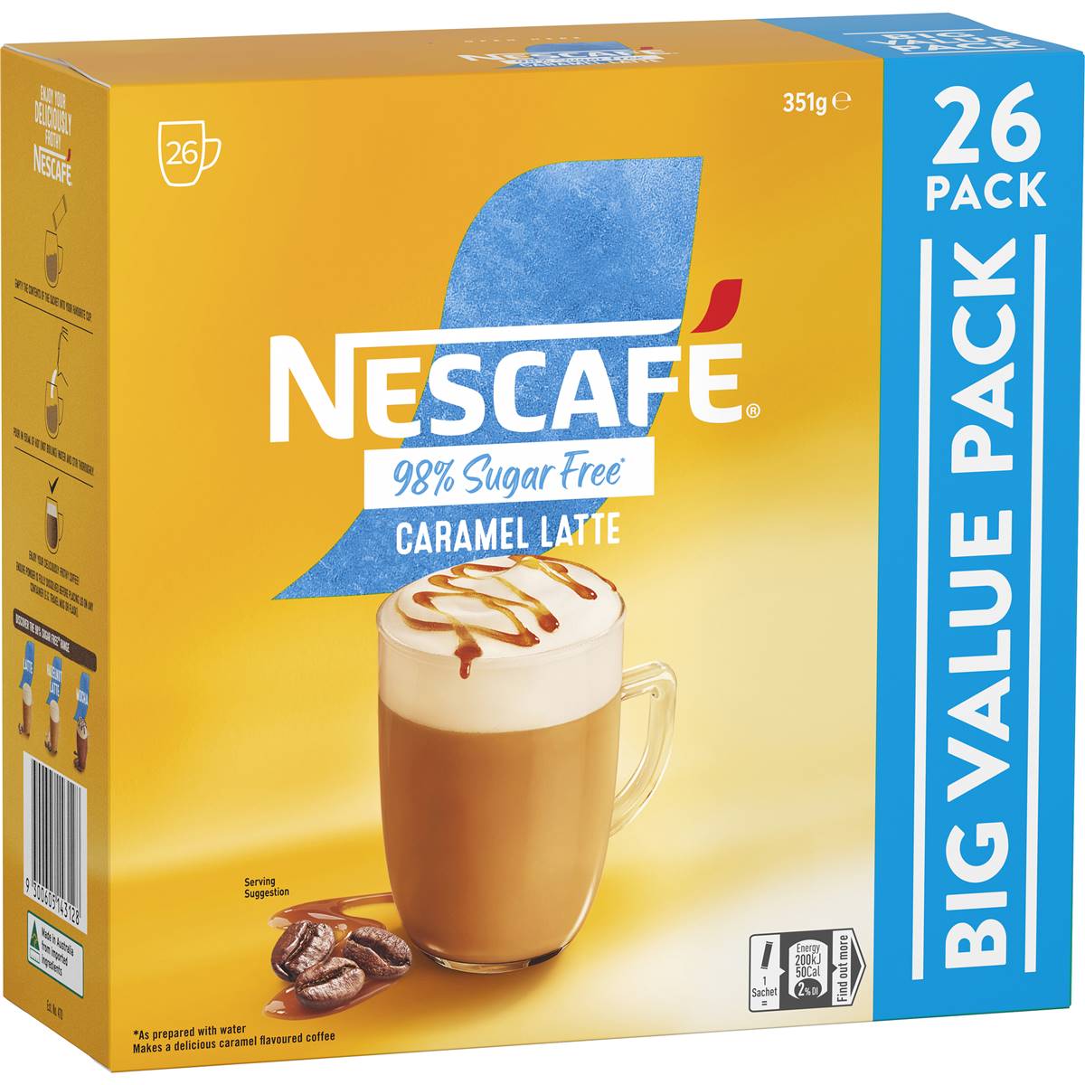Nescafe 98% Sugar Free Caramel Latte Coffee Sachets 26 Pack