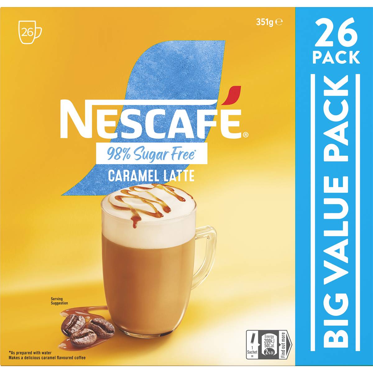 Nescafe 98% Sugar Free Caramel Latte Coffee Sachets 26 Pack