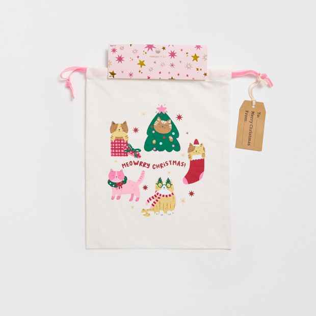 Cotton Meowerry Christmas Drawstring Bag
