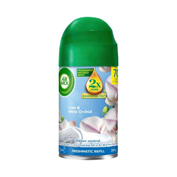 AIR WICK 2X ESSENTIAL OIL FRESHMATIC REFILL SPRAY LINEN & WHITE ORCHID 157GRAM