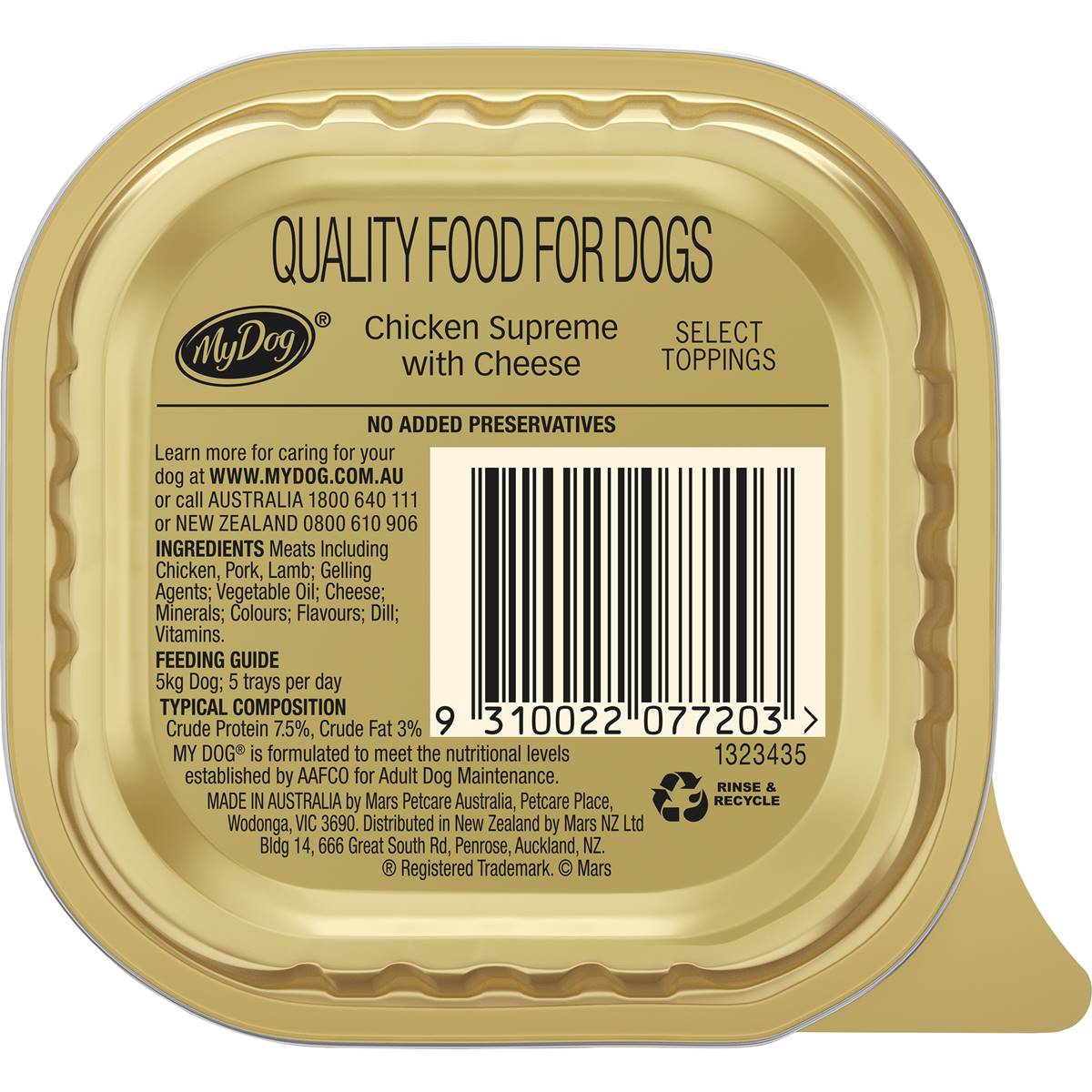 My Dog Adult Wet Dog Food Toppings with Chicken & Cheese Tray 100g