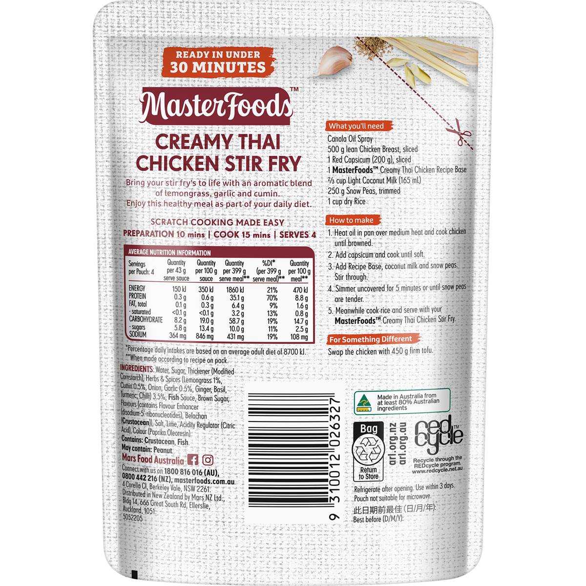 MasterFoods Stir Fry Recipe Base Creamy Thai Chicken 175g