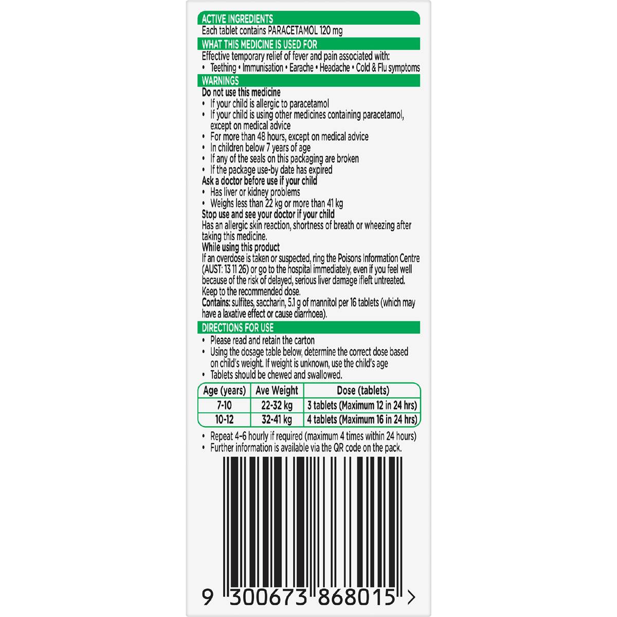 Panadol Children 7+ Years Chewable Tablet Pain Relief 12 Pack