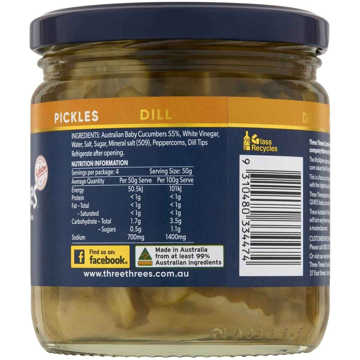 Three Threes Australian Pickles Dill Flavoured 370g