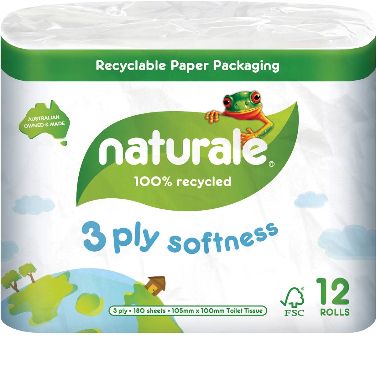 Naturale 100% Recycled Toilet Tissue 3 Ply 180 Sheets 12 Pack