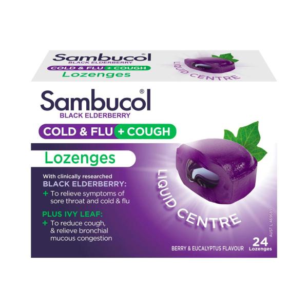 SAMBUCOL COLD & FLU + COUGH MEDICATED LIQUID CENTER LOZENGES 24 PK