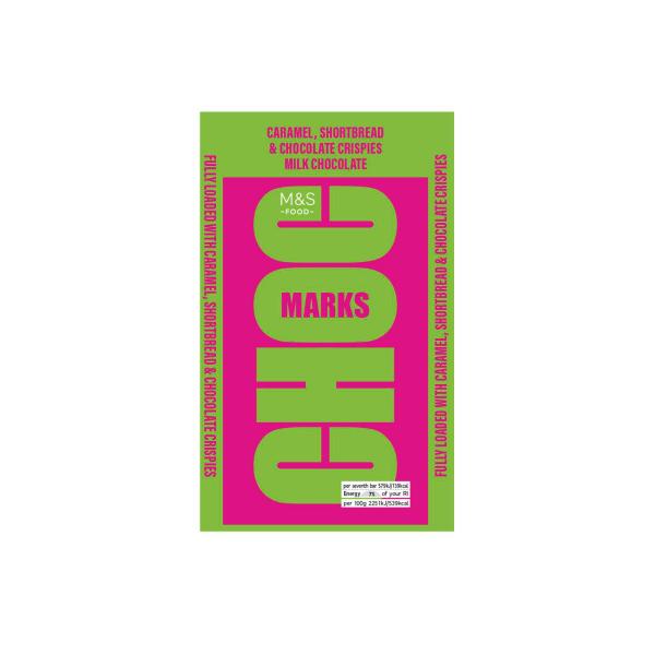 M&S CHOC MARKS CARAMEL- SHORTBREAD AND CHOCOLATE CRISPIES MILK CHOCOLATE 180G